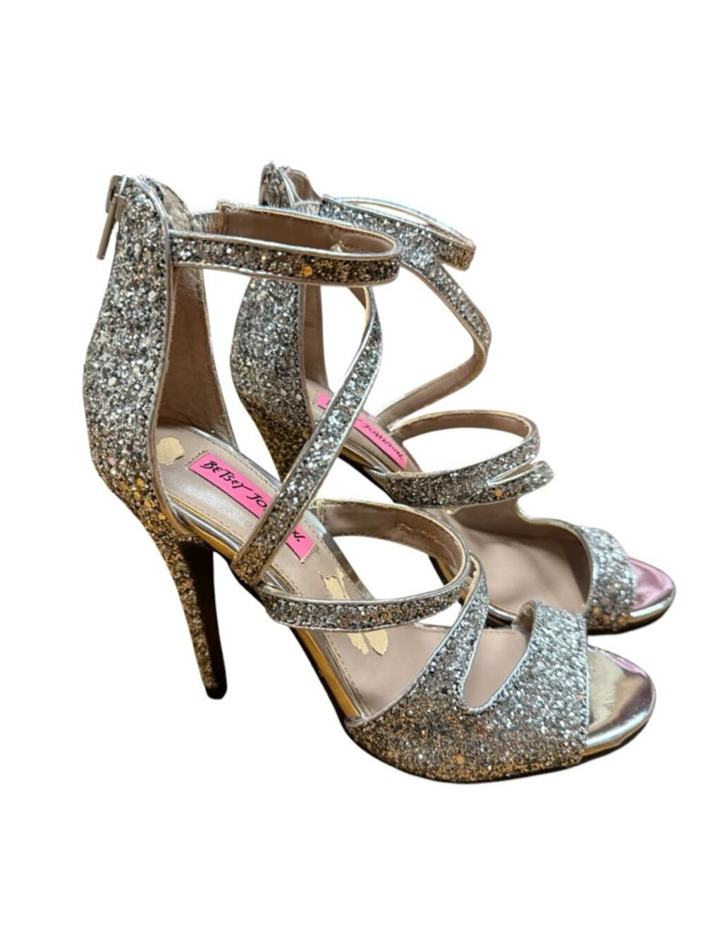 Betsey Johnson Silver Glitter Strappy High Heel Sandals 6.5